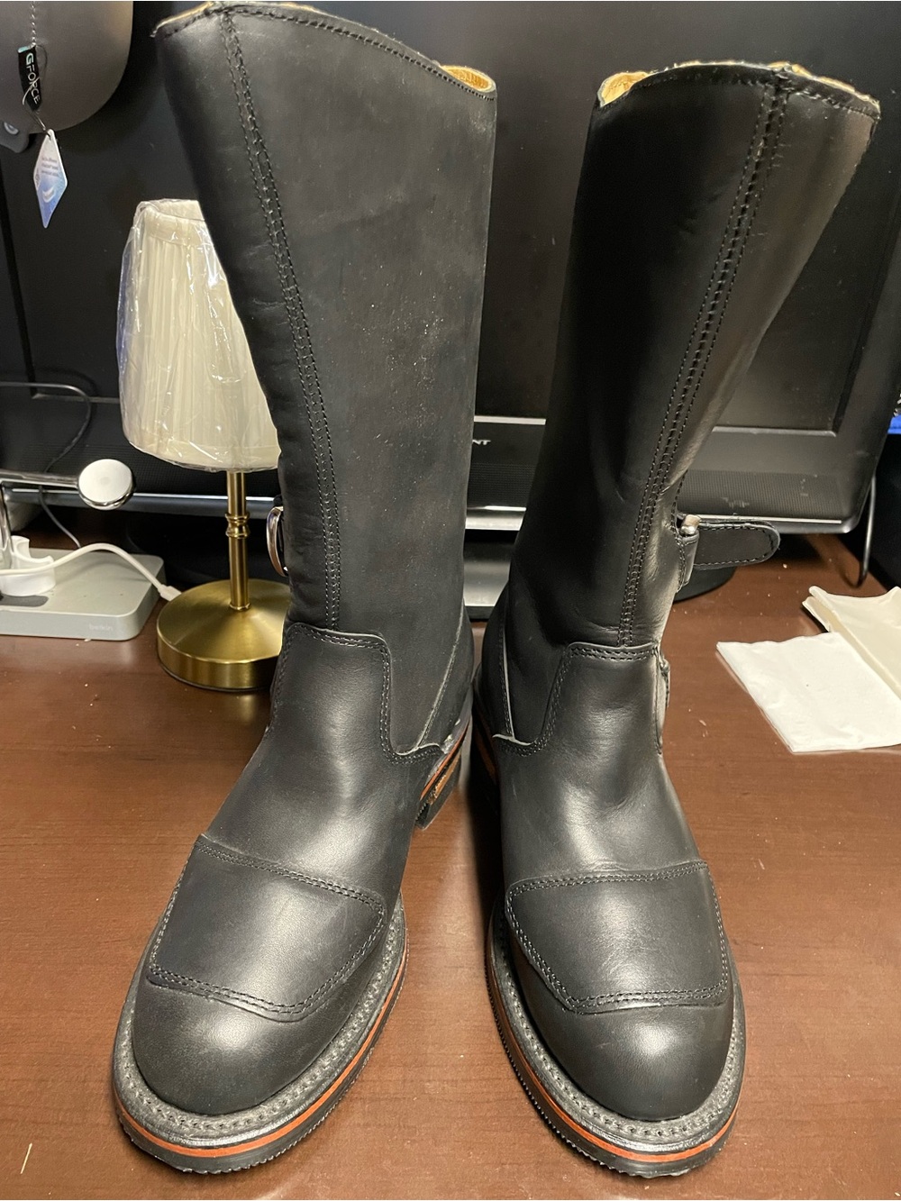 Chippewa Black Leather Pull-On Work Boots with Brown Welt